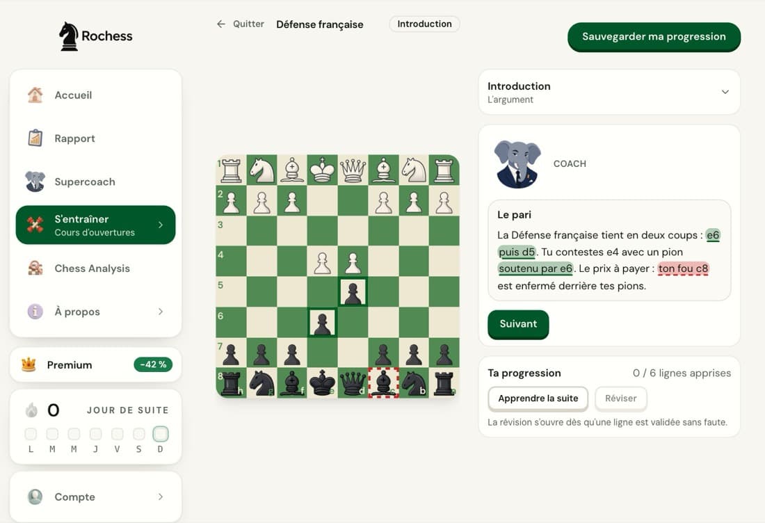 L'introduction du cours de défense française de Rochess : l'échiquier après 1.e4 e6 2.d4 d5 et la bulle du coach