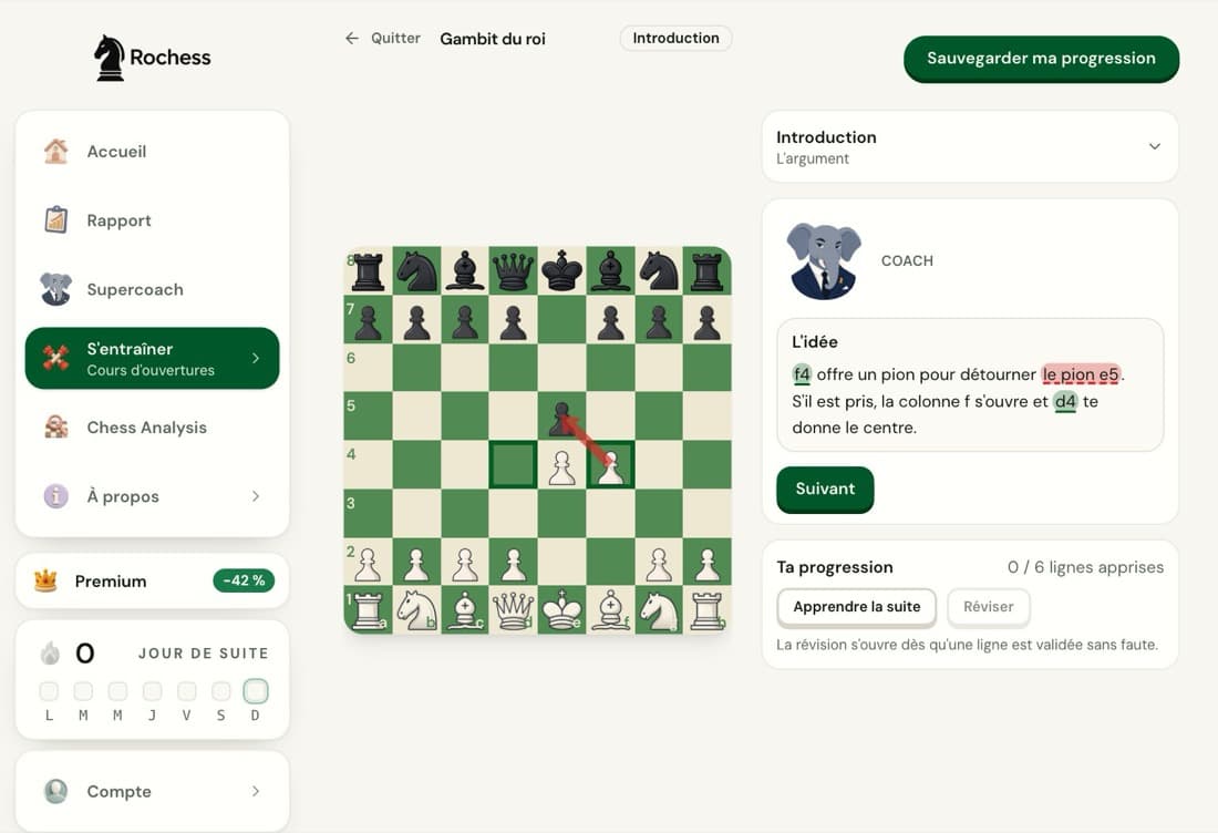 L'introduction du cours de gambit du roi de Rochess : l'échiquier après 1.e4 e5 2.f4 et la bulle du coach