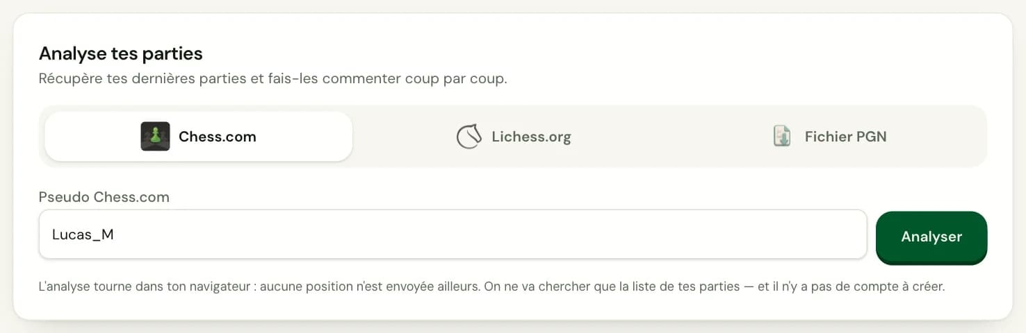 L'encadré « Analyse tes parties » sur l'accueil de Rochess, avec le choix entre pseudo Chess.com, pseudo Lichess et fichier PGN