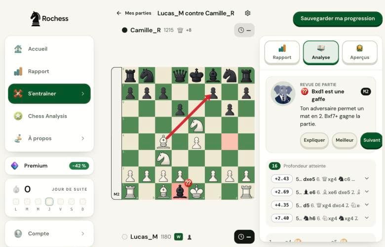 La revue d'une partie dans Rochess sur la gaffe 5…Fxd1 : la flèche du fou vers f7, le coach qui annonce un mat en 2, et la meilleure ligne qui commence par la reprise en e5