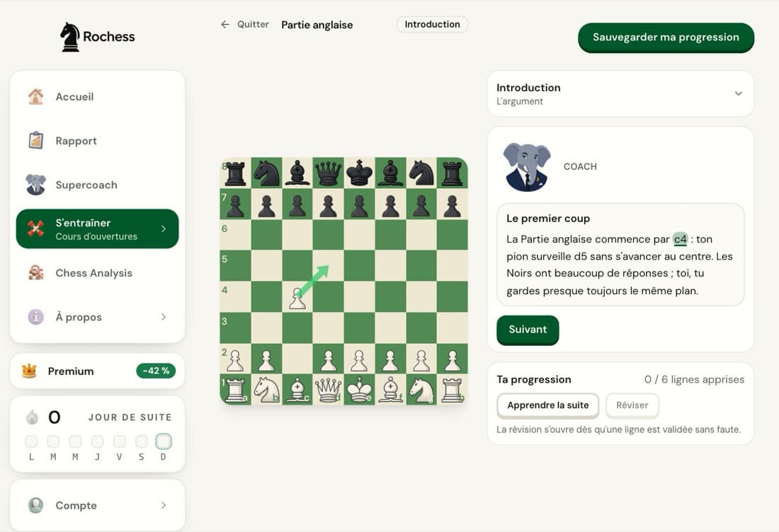 L'introduction du cours de partie anglaise de Rochess : l'échiquier après 1.c4 et la bulle du coach