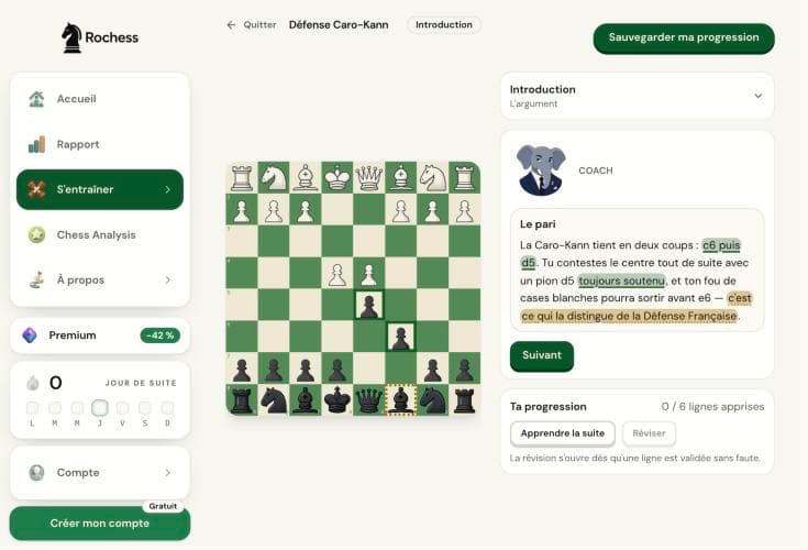 L'introduction du cours Caro-Kann de Rochess : l'échiquier après 1.e4 c6 2.d4 d5 et la bulle du coach