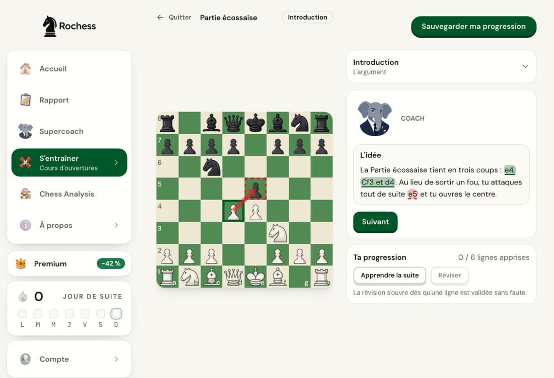 L'introduction du cours de partie écossaise de Rochess : l'échiquier après 1.e4 e5 2.Cf3 Cc6 3.d4 et la bulle du coach