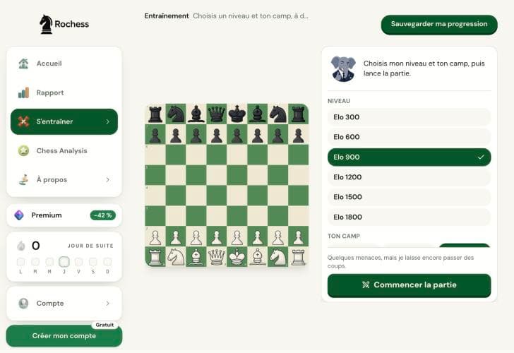 Le choix du niveau d'Elo des bots dans l'Entraînement de Rochess
