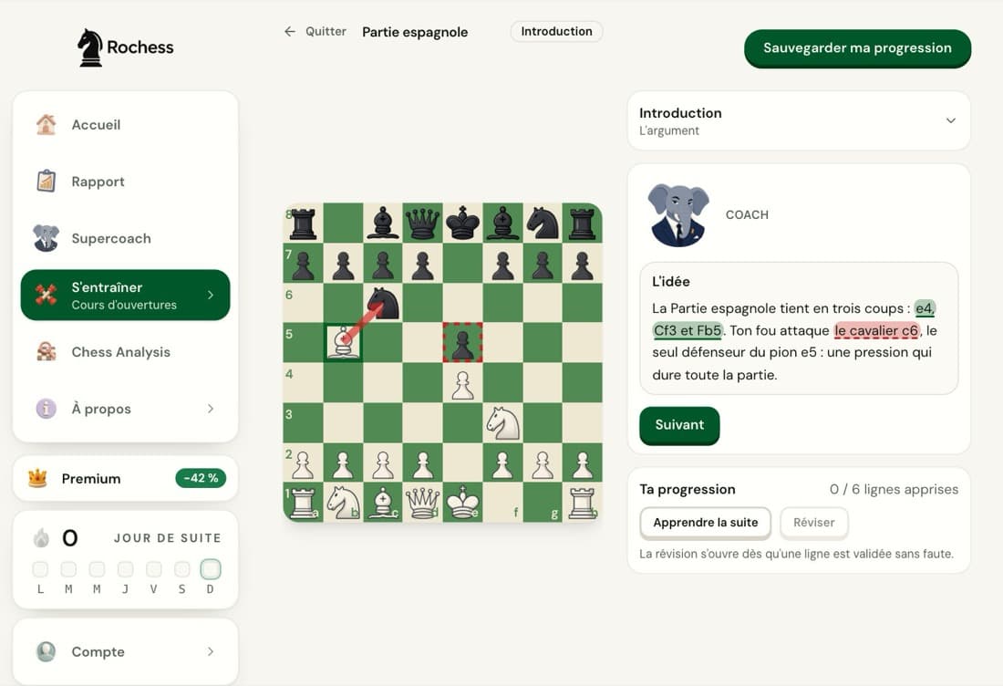 L'introduction du cours de partie espagnole de Rochess : l'échiquier après 1.e4 e5 2.Cf3 Cc6 3.Fb5 et la bulle du coach