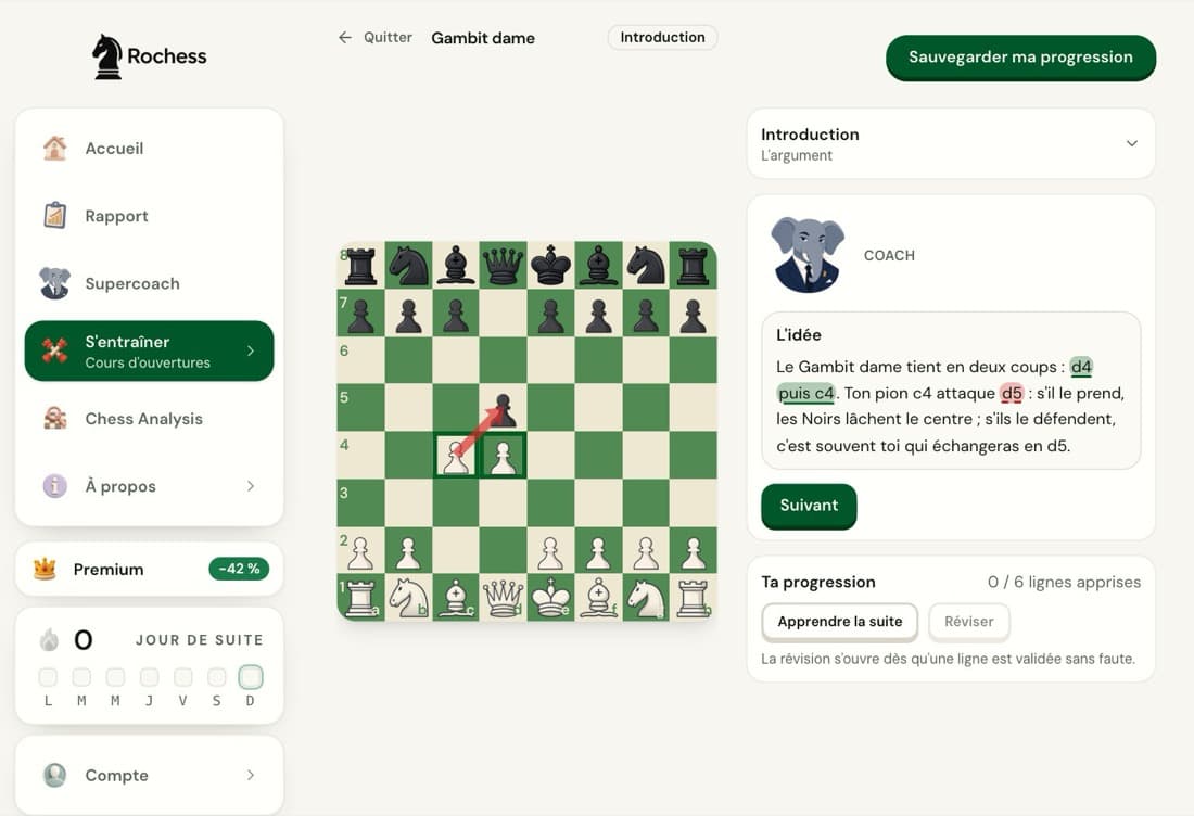 L'introduction du cours de Gambit dame de Rochess : l'échiquier après 1.d4 d5 2.c4 et la bulle du coach