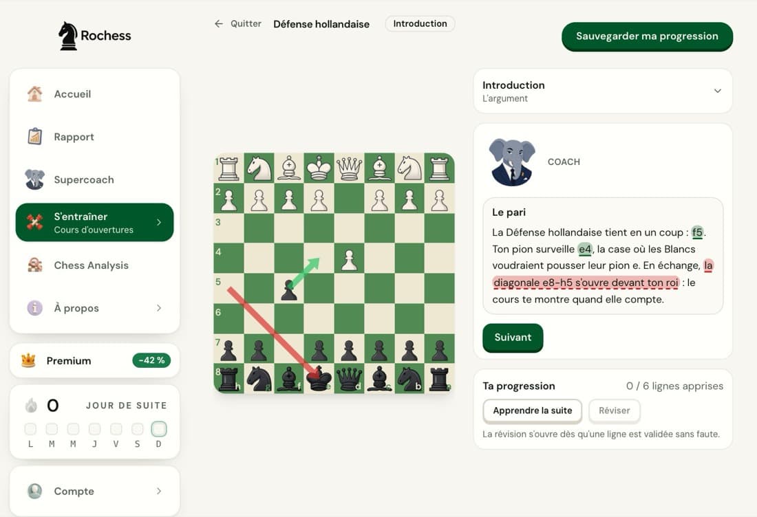 L'introduction du cours de défense hollandaise de Rochess : l'échiquier après 1.d4 f5 et la bulle du coach