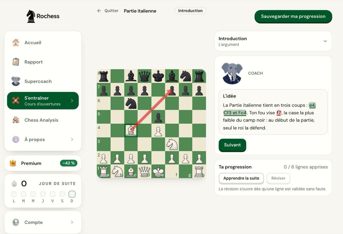 L'introduction du cours de partie italienne de Rochess : l'échiquier après 1.e4 e5 2.Cf3 Cc6 3.Fc4 et la bulle du coach