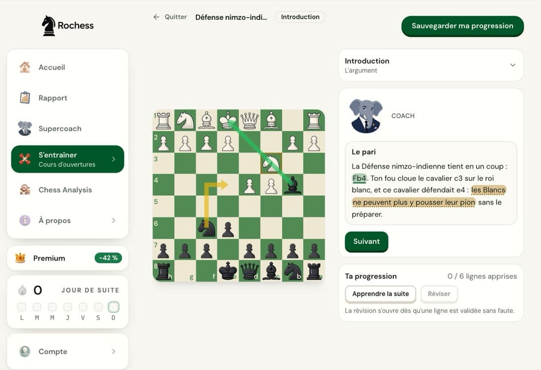 L'introduction du cours de défense nimzo-indienne de Rochess : l'échiquier après 1.d4 Cf6 2.c4 e6 3.Cc3 Fb4 et la bulle du coach
