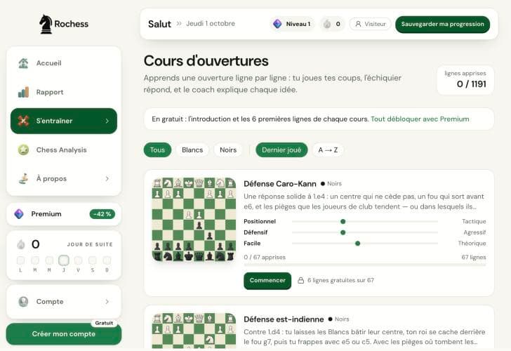Le catalogue des cours d'ouvertures de Rochess, avec les ouvertures pour les Blancs et pour les Noirs
