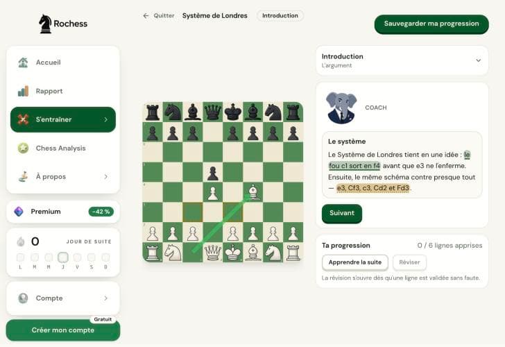L'introduction du cours Système de Londres dans Rochess : le fou c1 sort en f4, la bulle du coach « Le système » et la progression à 0 / 6 lignes apprises