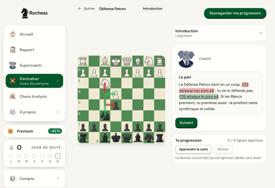 L'introduction du cours de défense Petrov de Rochess : l'échiquier après 1.e4 e5 2.Cf3 Cf6 et la bulle du coach