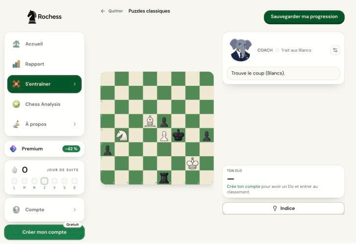L'écran Problèmes de Rochess, avec un puzzle à résoudre et l'encadré « Ton Elo », qui s'ouvre avec un compte