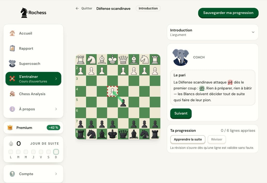 L'introduction du cours de défense scandinave de Rochess : l'échiquier après 1.e4 d5 et la bulle du coach