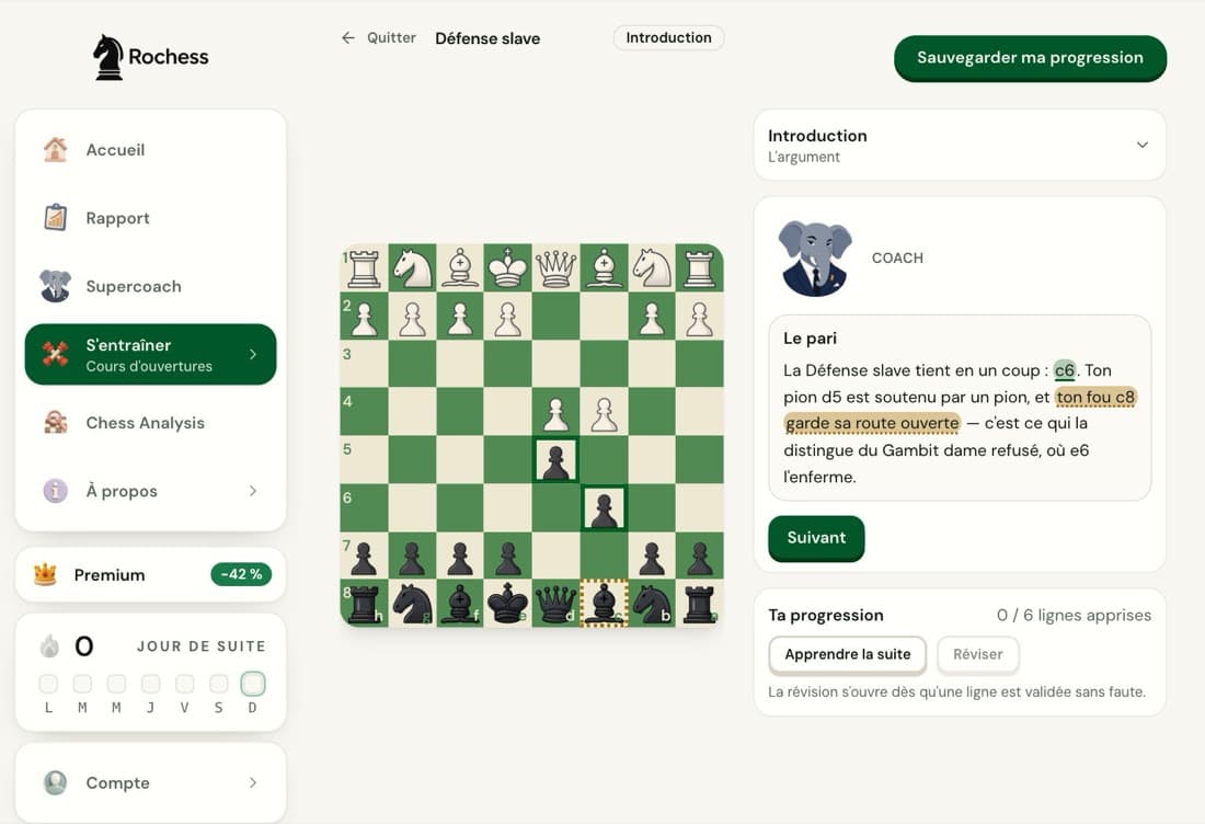 L'introduction du cours de défense slave de Rochess : l'échiquier après 1.d4 d5 2.c4 c6 et la bulle du coach