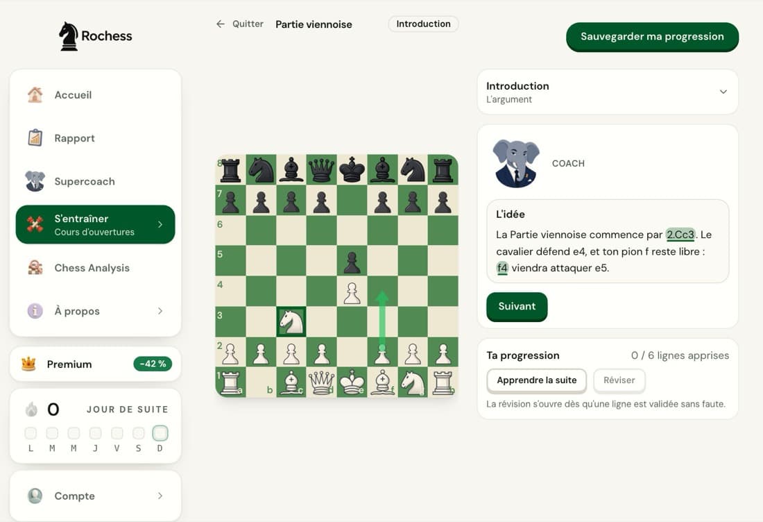 L'introduction du cours de partie viennoise de Rochess : l'échiquier après 1.e4 e5 2.Cc3 et la bulle du coach